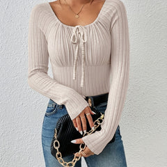 Solid Ribbed Long Sleeve Round Neck Knot Jumper