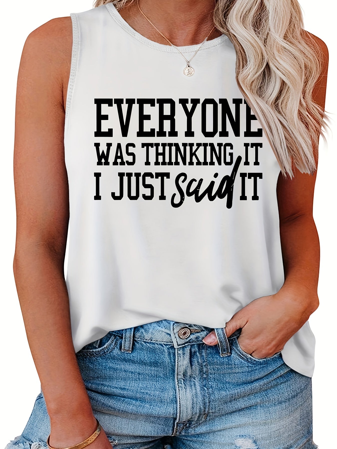 Casual Tank Top Women's Plus Slogan Print Round Neck Tank Top