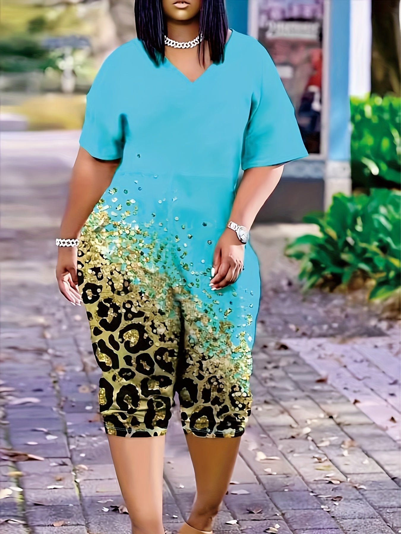 Colorblock Leopard Print V Neck Romper