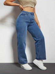 Wide Leg Straight Jeans Slash Pockets High Waist Denim Pants
