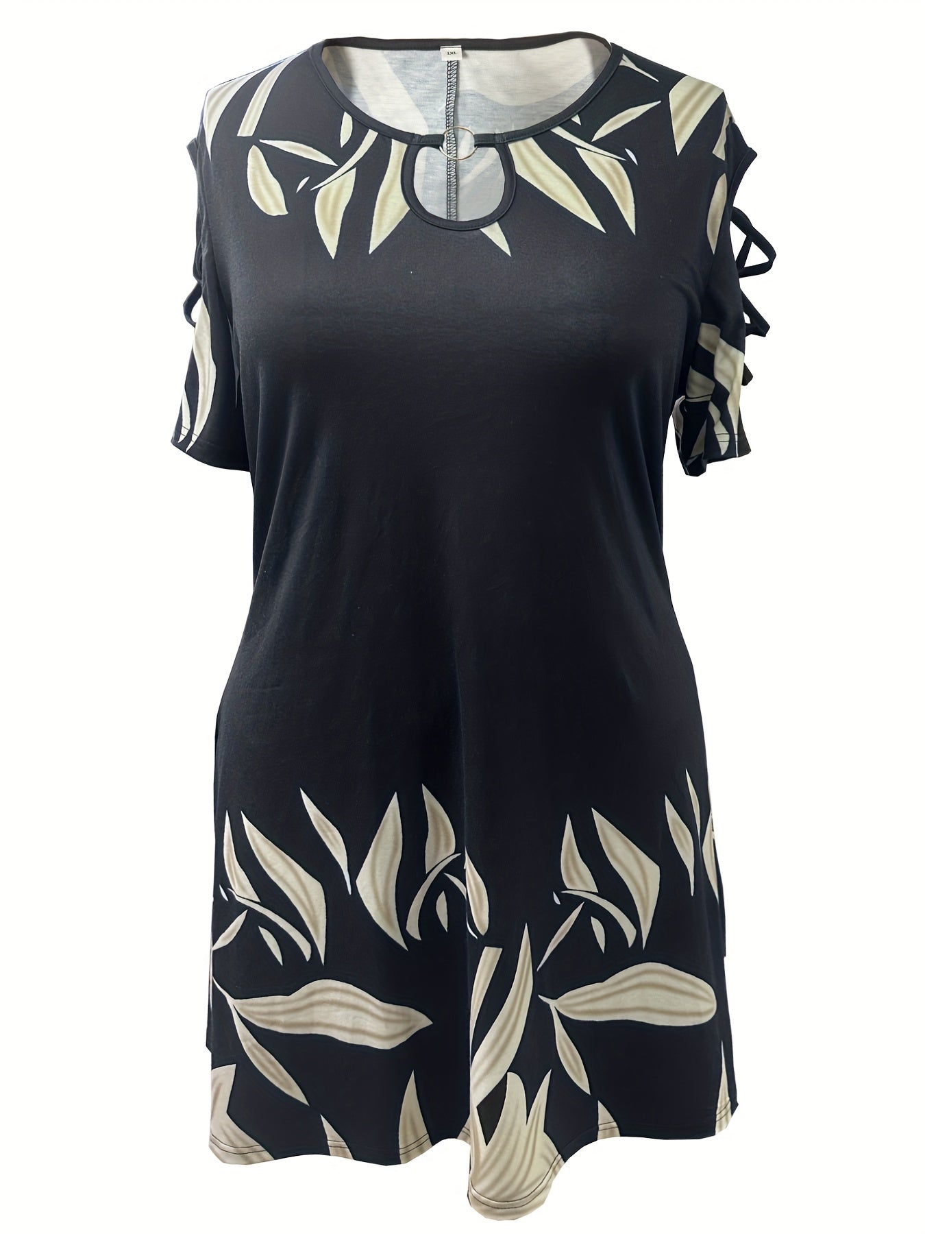 Women's Plus Leaf Print Ring Decor Round Neck Dress