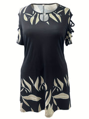 Women's Plus Leaf Print Ring Decor Round Neck Dress