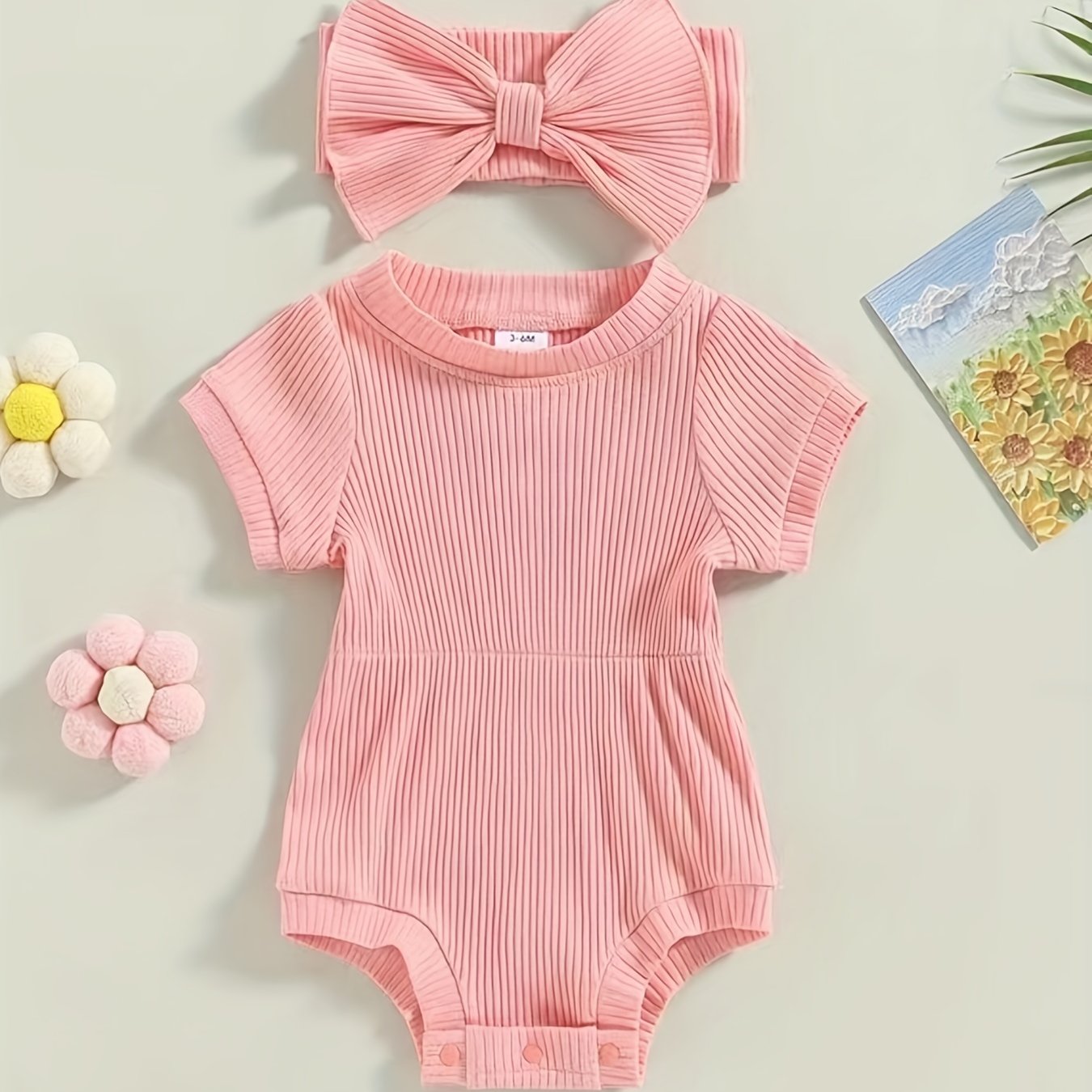 2pcs Baby Girls Short Sleeves Onesie & Bowknot Headband Set