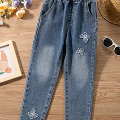 Kid Girl Butterfly Decor Skinny Fit Cotton Denim Pants