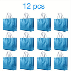 12 Pcs Blue Glossy Reusable Gift Bags Non Woven Shopping Tote