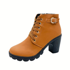 Women's Chunky Heeled Short Boots Lace Up Solid Ankle Boots