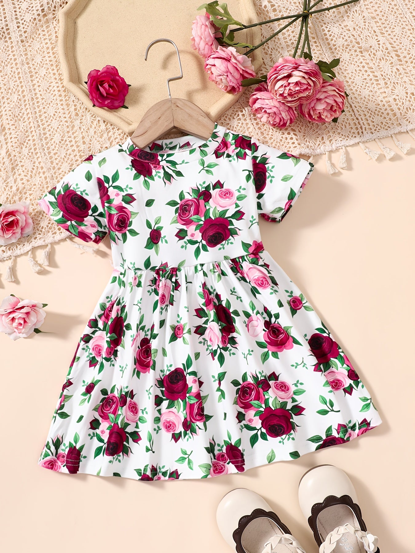 Baby Girls Flowers Print Short Sleeve Round Neck Princess Dress Summer Clothes