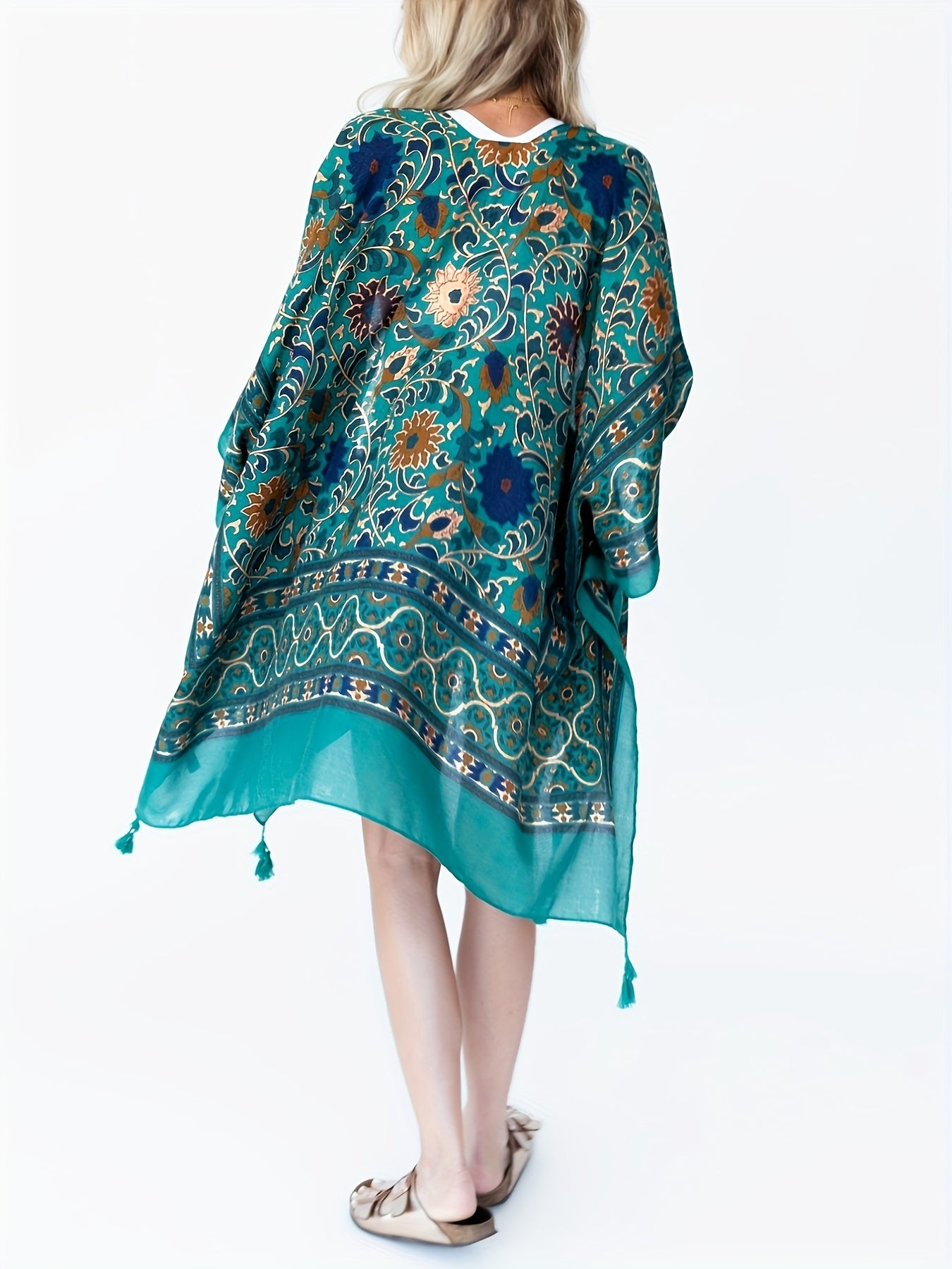 Floral Print Bat Sleeve Tassel Cover Up Cardigan