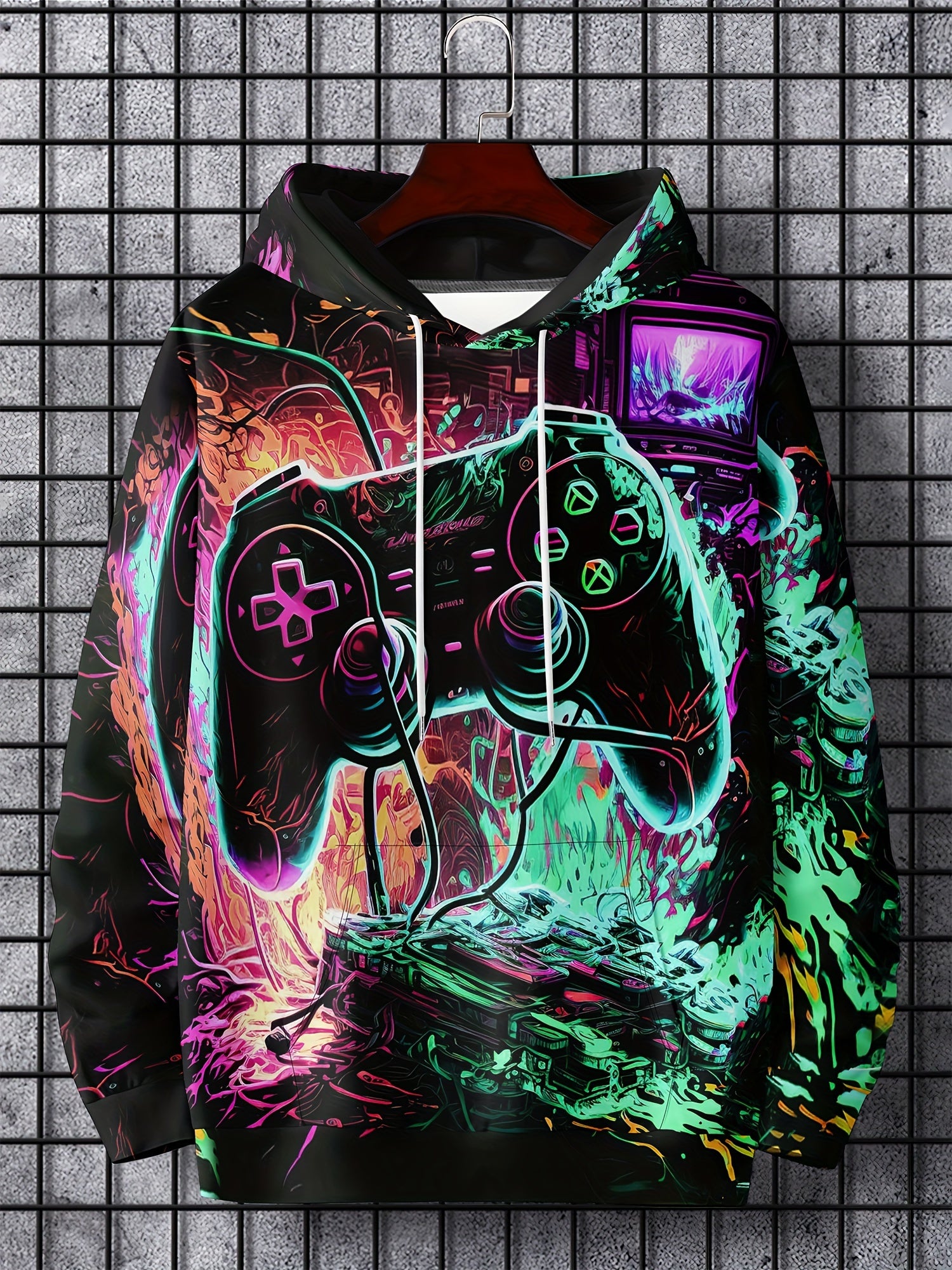 Gamepad Print Hoodie for Men Graphic Pullover with Pocket