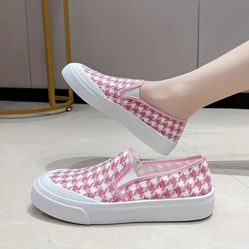 Women's Houndstooth Flat Loafers Slip On Low Top Canvas Shoes