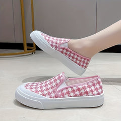 Women's Houndstooth Flat Loafers Slip On Low Top Canvas Shoes