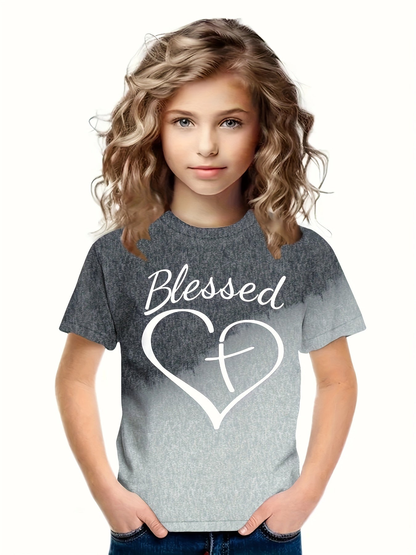 BLESSED Print Heart & Cross Graphic Short Sleeve T shirt For Girls