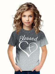 BLESSED Print Heart & Cross Graphic Short Sleeve T shirt For Girls