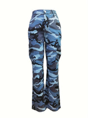 High Waist Camo Cargo Jeans Medium Stretch Denim Pants