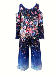 Floral Print Cold Shoulder Long Sleeve Jumpsuit With Pockets