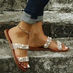 Pearl Flat Slides Open Toe Leather Beach Slides