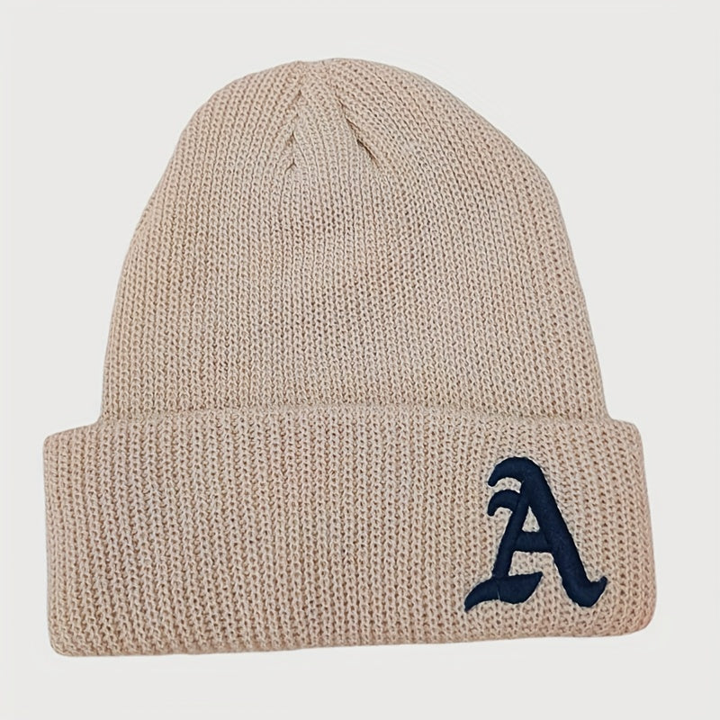 Windproof Knit Beanie Hat Embroidered with Letter A