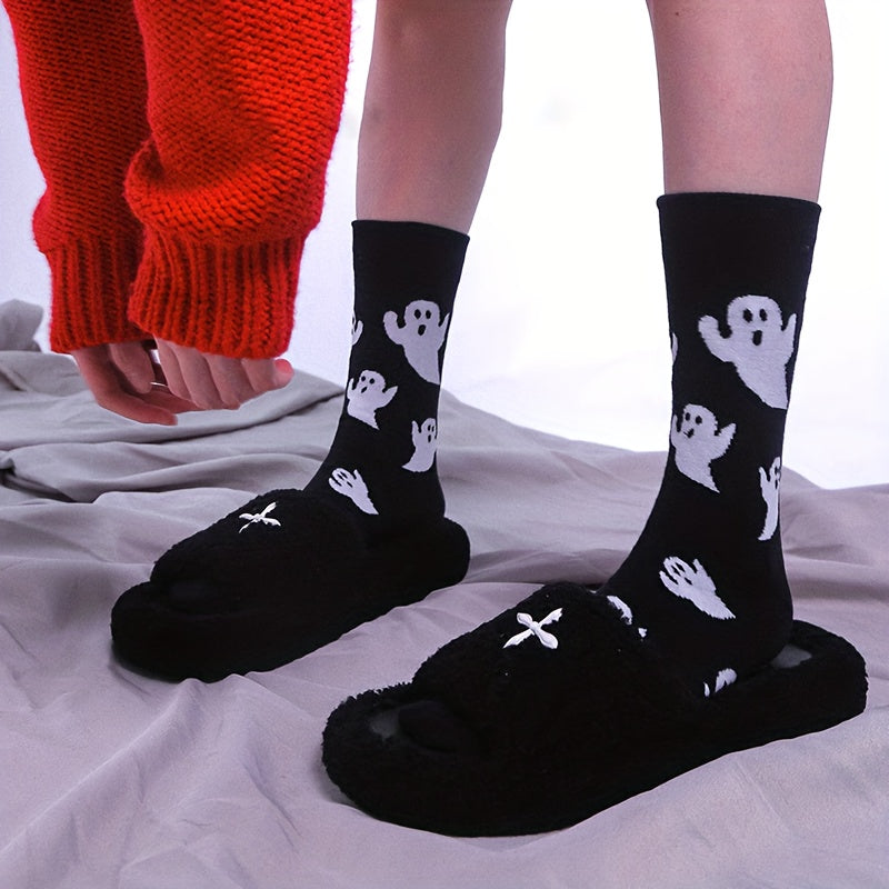 4 Pairs Cute Ghost Print Crew Socks for Women Halloween Stockings
