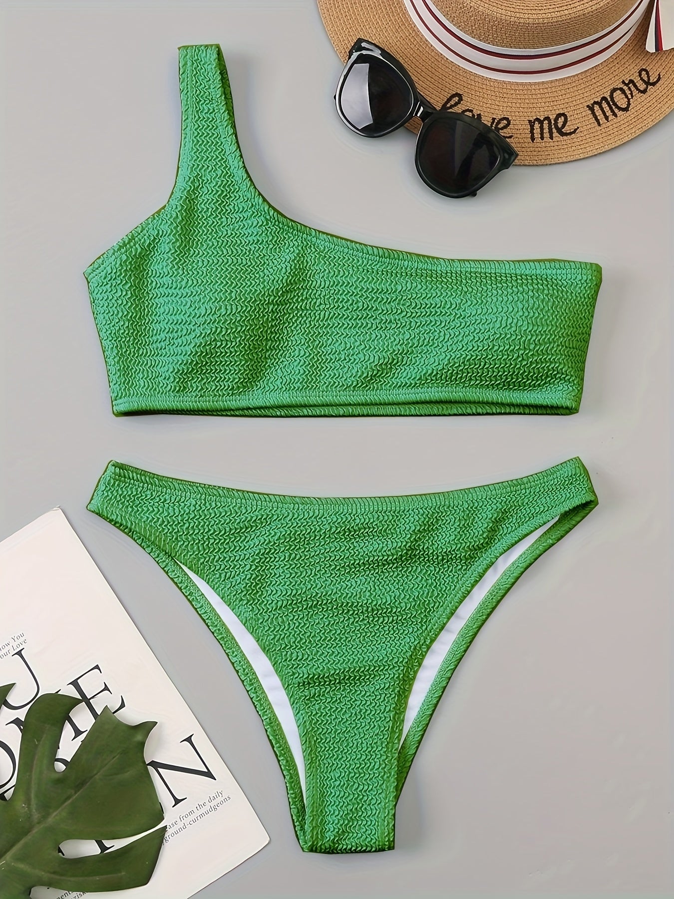 Green Embossed Striped Print Bikini Set One Shoulder High Cut 2 Pieces Swimsuit