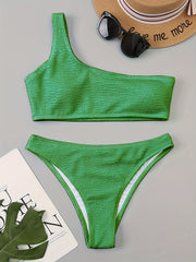Green Embossed Striped Print Bikini Set One Shoulder High Cut 2 Pieces Swimsuit