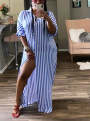 Women's Plus Stripe Print Button Up Maxi Shirt Dress