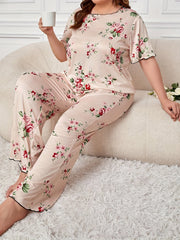 Floral Print Pajama Set Women's Round Neck Tee & Pants Home Wear