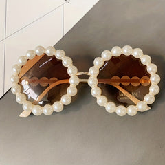 Round Frame Sunglasses Faux Pearl Decor Gradient Lens Glasses UV400