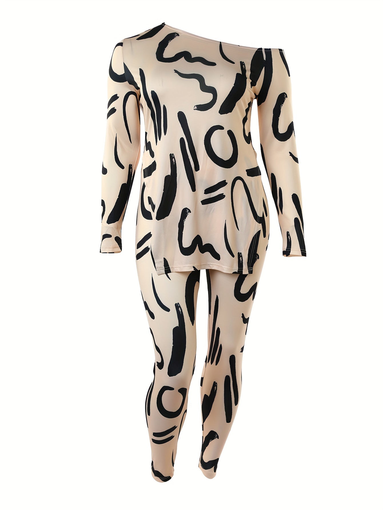 Sexy Graffiti Print One Shoulder Tunic Top & Leggings Set