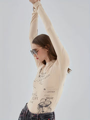 Letter Print Crew Neck Bodysuit Y2K Long Sleeve Slim Bodysuit