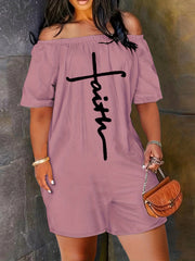 Faith Letter Embroidered Jumpsuit Off Shoulder Short Sleeve