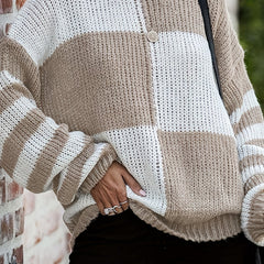 Checkerboard & Stripe Print Drop Shoulder Sweater