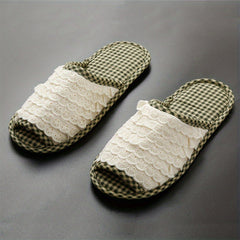 Women's Ruffled Lace Slippers Indoor Open Toe Plaid Comfy Flat Shoes