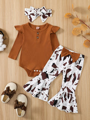 Baby Girls Ribbed Ruffle Long Sleeve Romper Cow Print Flared Pants