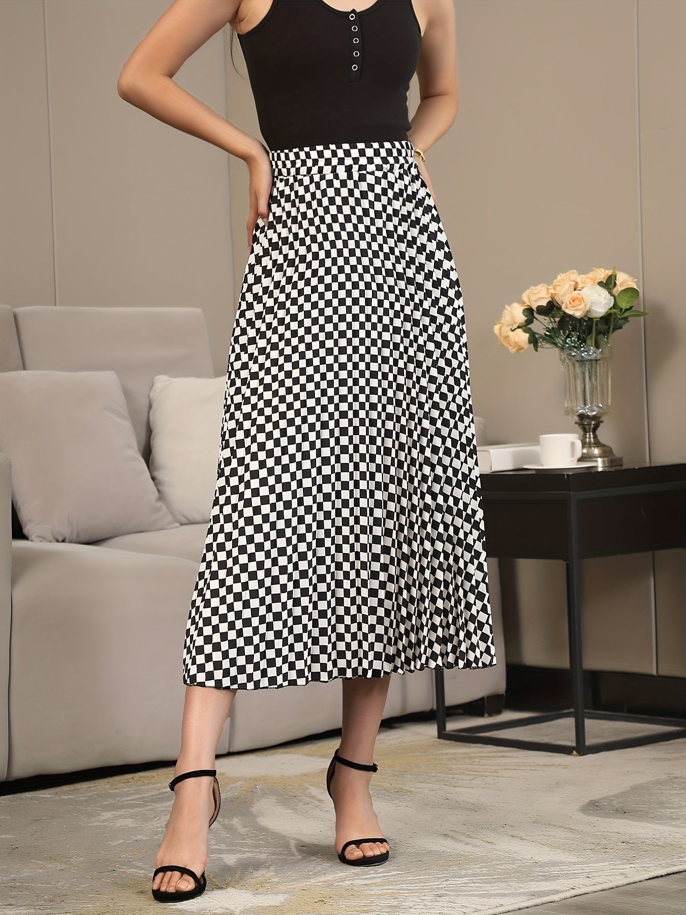 Checkerboard Print Pleated Skirts High Waist Women's Clothing