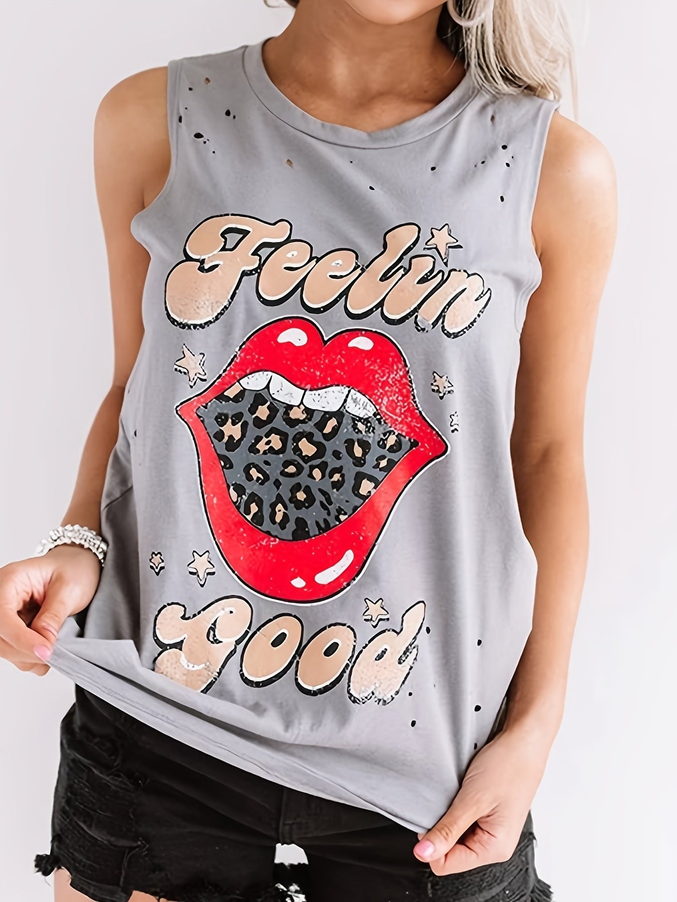 Leopard Lips Print Tank Top Crew Neck Sleeveless Top