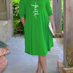 Casual Dress Women's Plus Letter Print Long Sleeve Round Neck Dress