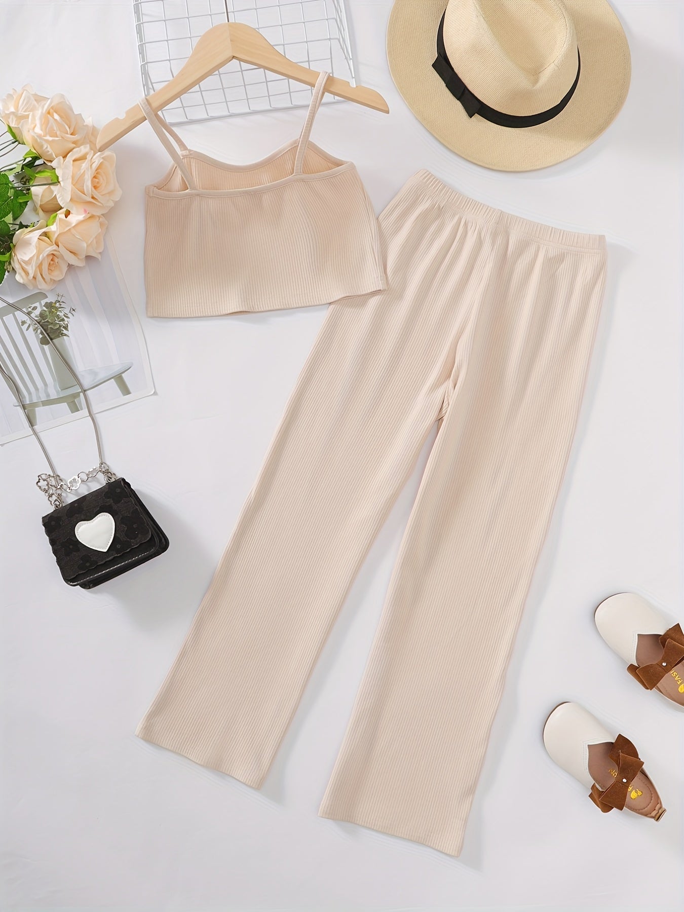 2pcs Toddler Girls Ribbed Knit Cami Crop Top & Elastic Waist Pants Set