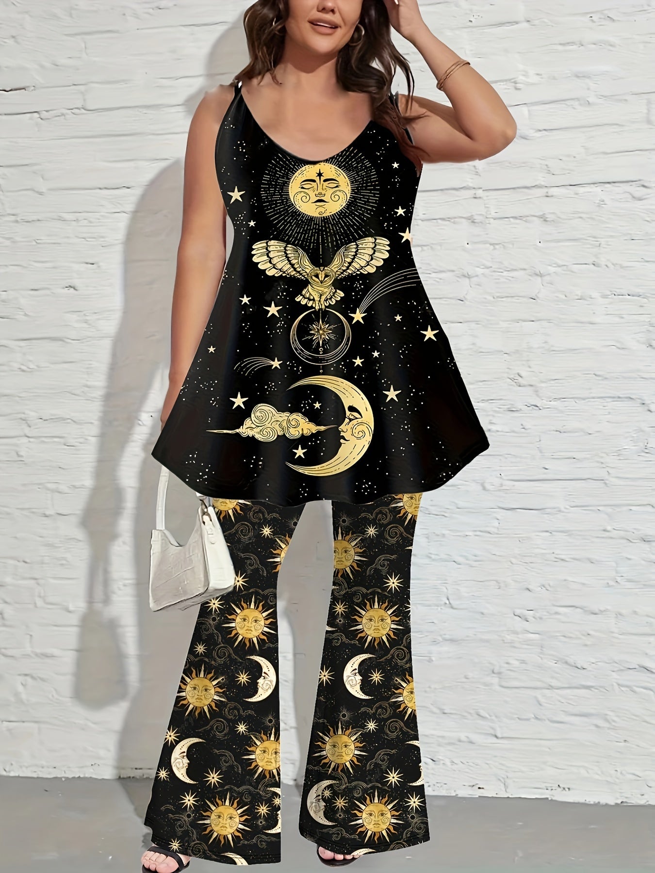 Sun & Moon Print Cami Top & Flared Leg Pants Set