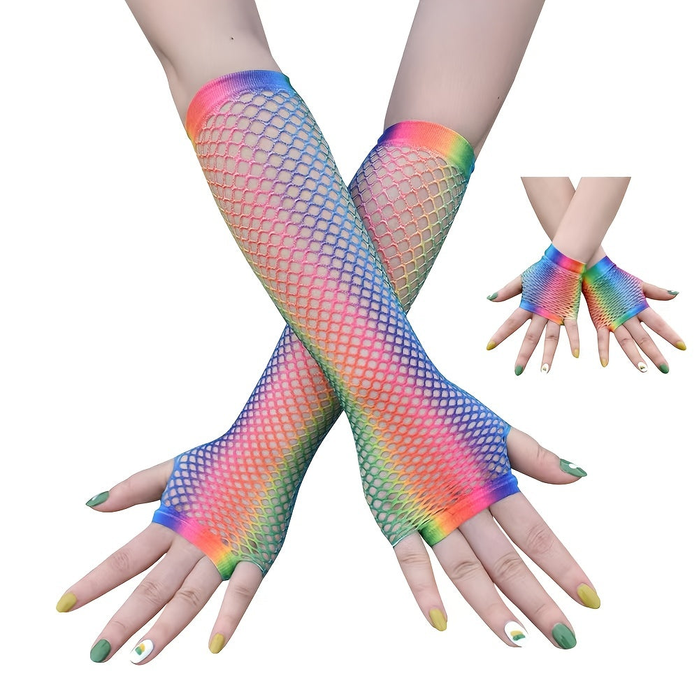 Rainbow Fishnet Party Gloves Punk Half Finger Nightclub Stretch Mesh Hip Hop