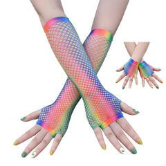 Rainbow Fishnet Party Gloves Punk Half Finger Nightclub Stretch Mesh Hip Hop