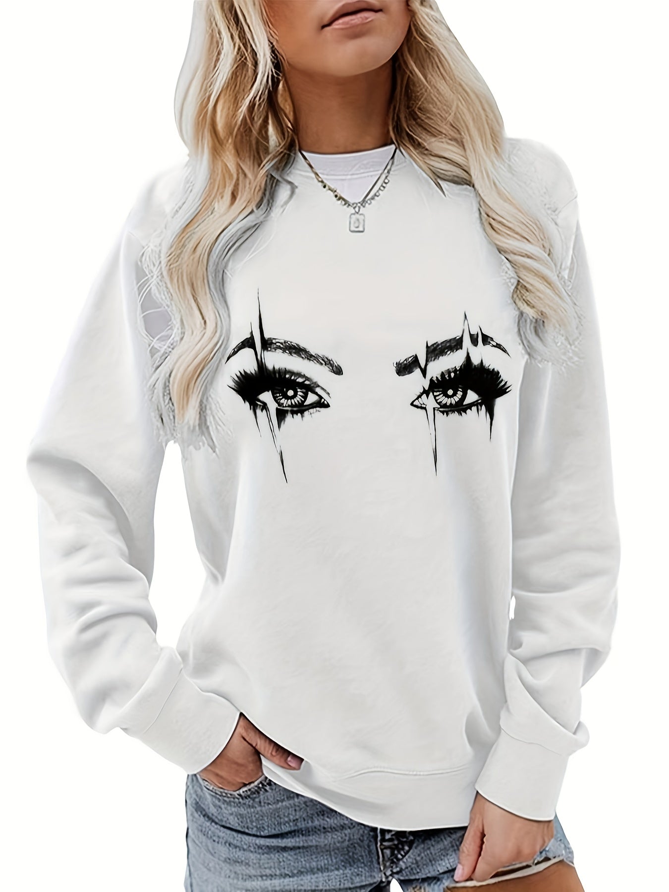 Eye Print Sweatshirt Crew Neck Casual Long Sleeve for Fall & Winter
