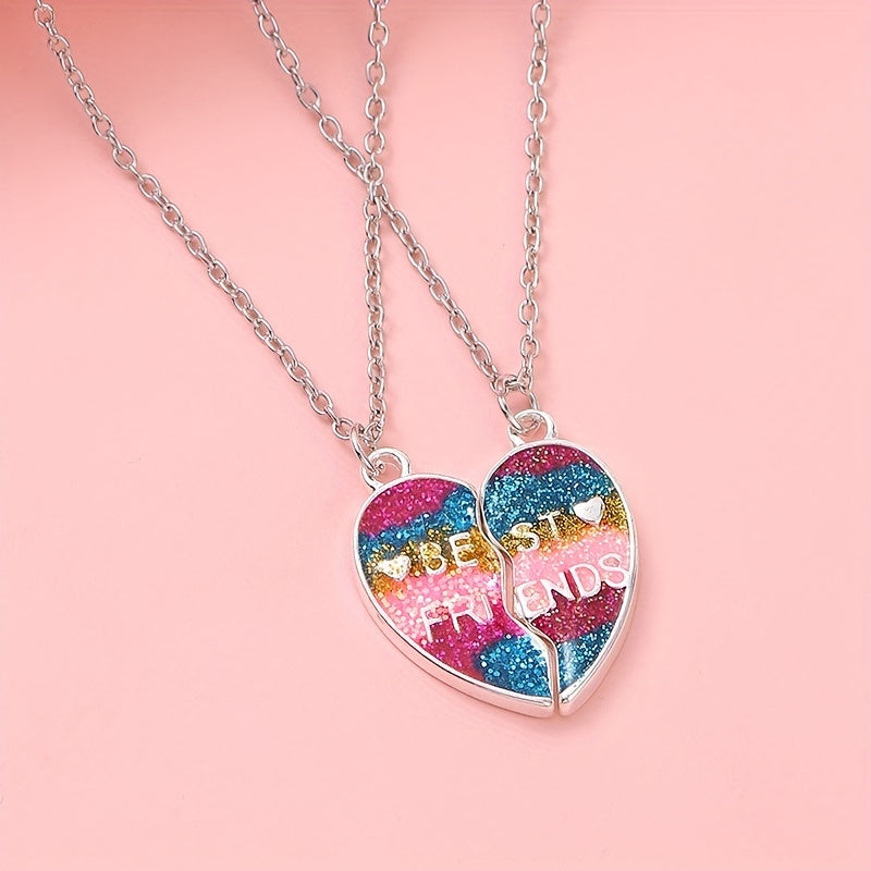 2pcs Girls Rainbow Glitter Heart Pendant Necklace Set