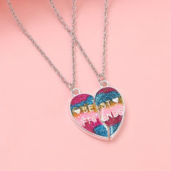 2pcs Girls Rainbow Glitter Heart Pendant Necklace Set