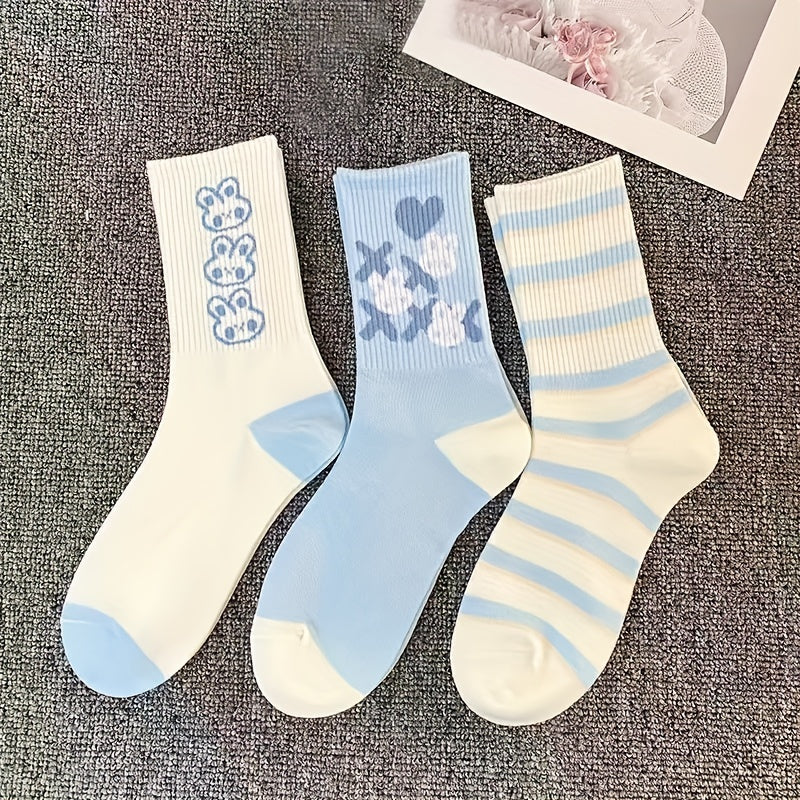 8 Pairs Cute Cartoon Bunny Crew Socks for Women