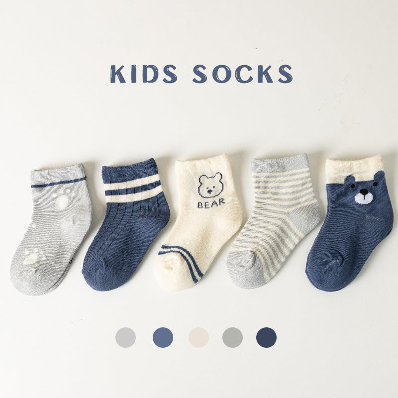 5 Pairs Kids Bear Pattern Striped Knitted Crew Socks