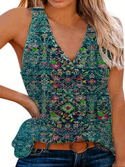Casual Tank Top Women's Plus Random Print V Neck Slight Stretch