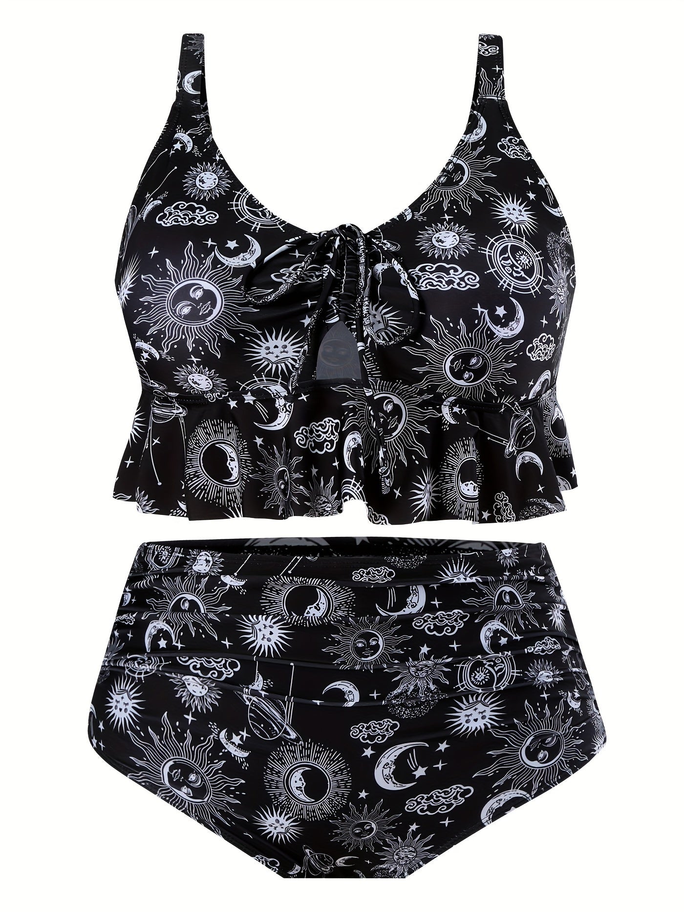 Boho Bikini Set Sun & Moon Print Lace Ruffle Trim Two Piece Swimsuit