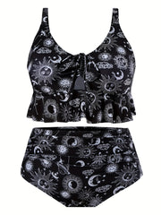 Boho Bikini Set Sun & Moon Print Lace Ruffle Trim Two Piece Swimsuit