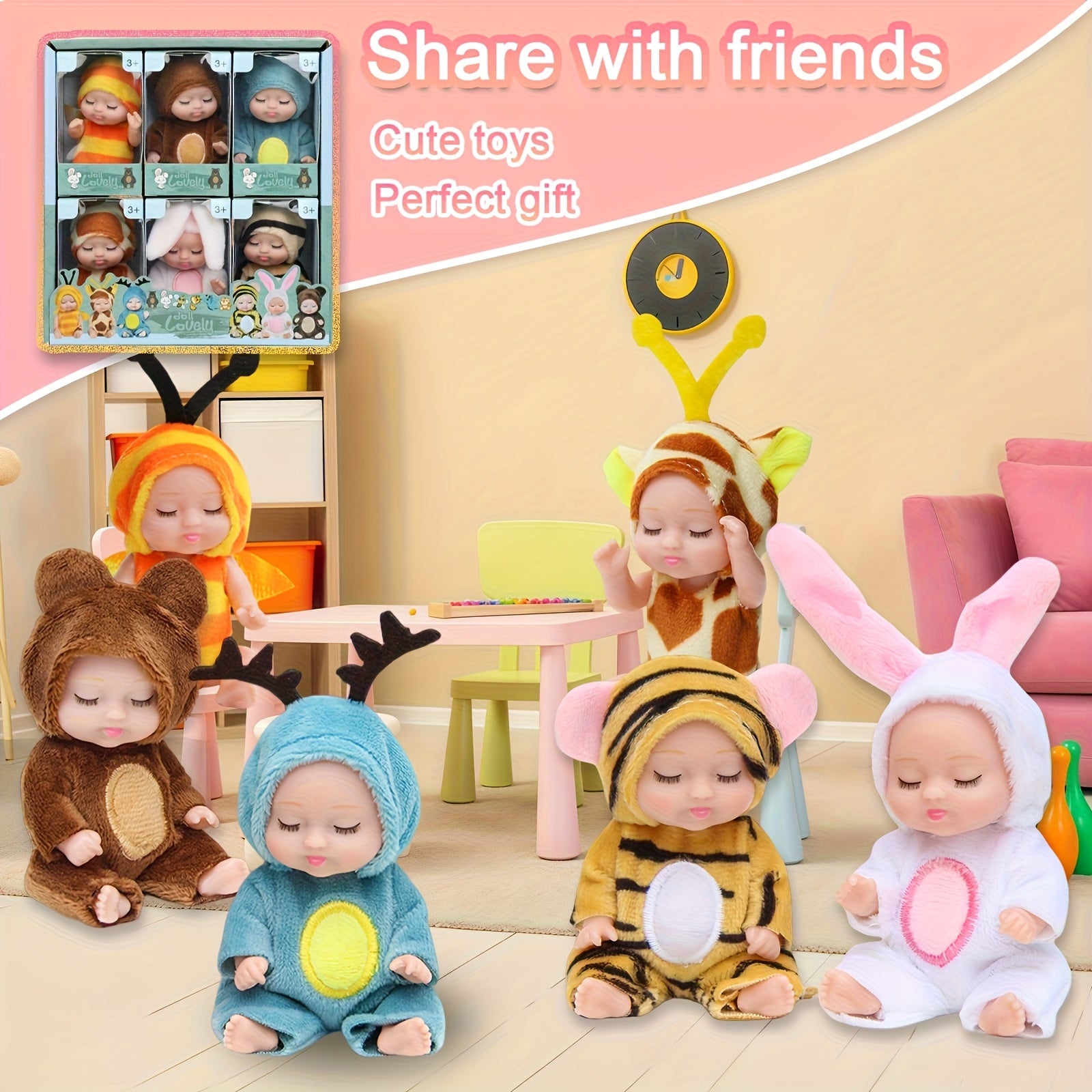 6 Mini Baby Dolls & 4" Plush Animal Easter Egg Set