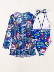 Floral Print Halter One piece Swimsuit & Cover Up Set